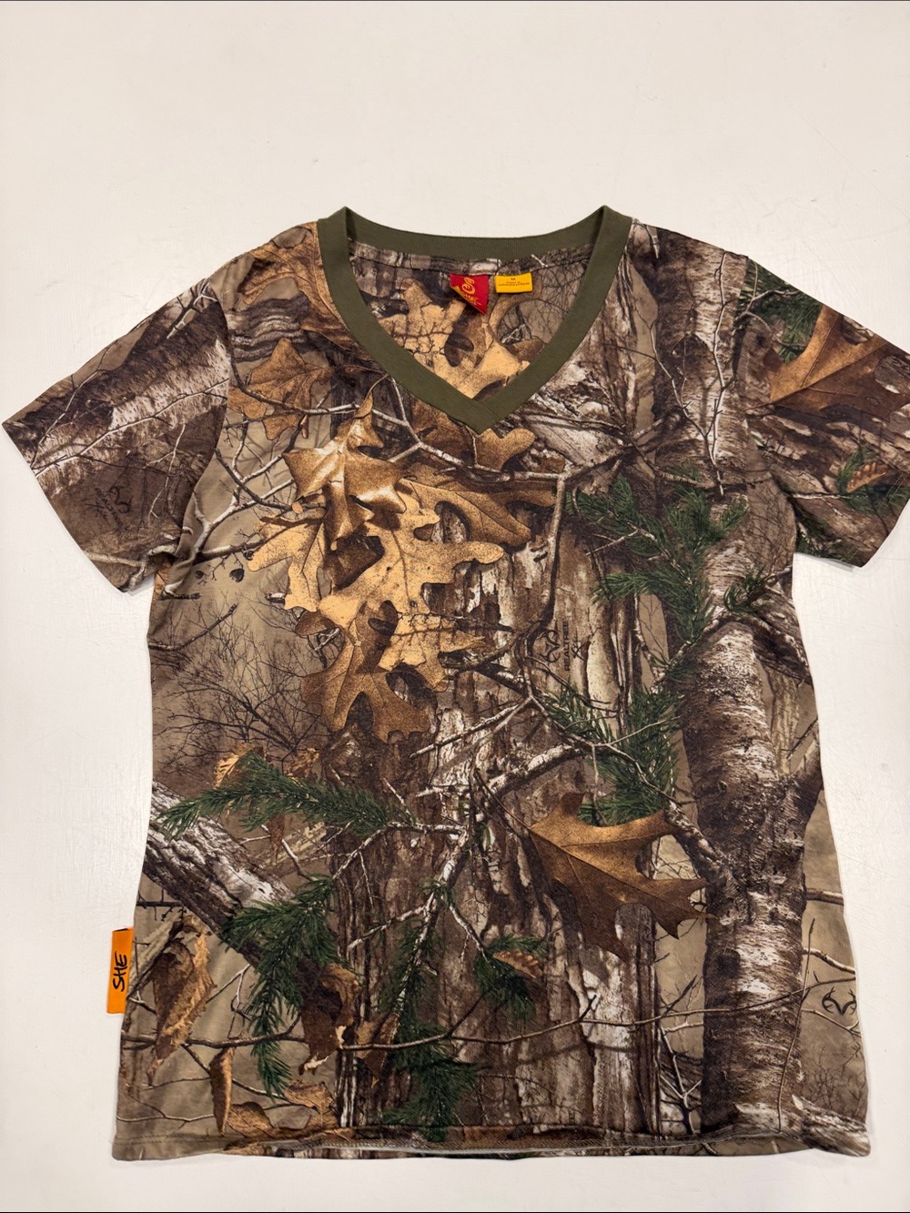 Women's Short Sleeve V-Neck Camo Tee - Brown/Green